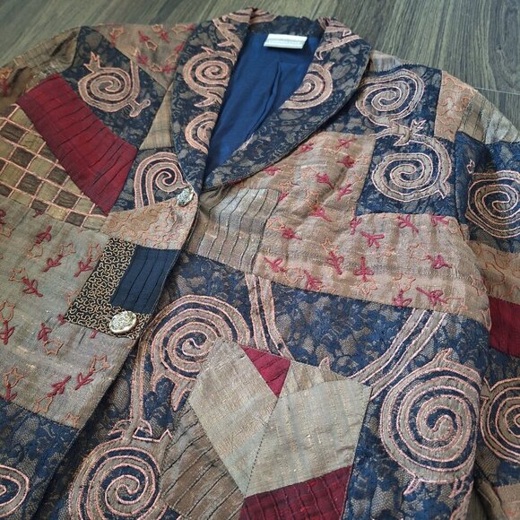 💙 Vintage Coldwater Creek Patchwork Jacket Size 2X Artsy Art to wear Lace Silk - Picture 5 of 8